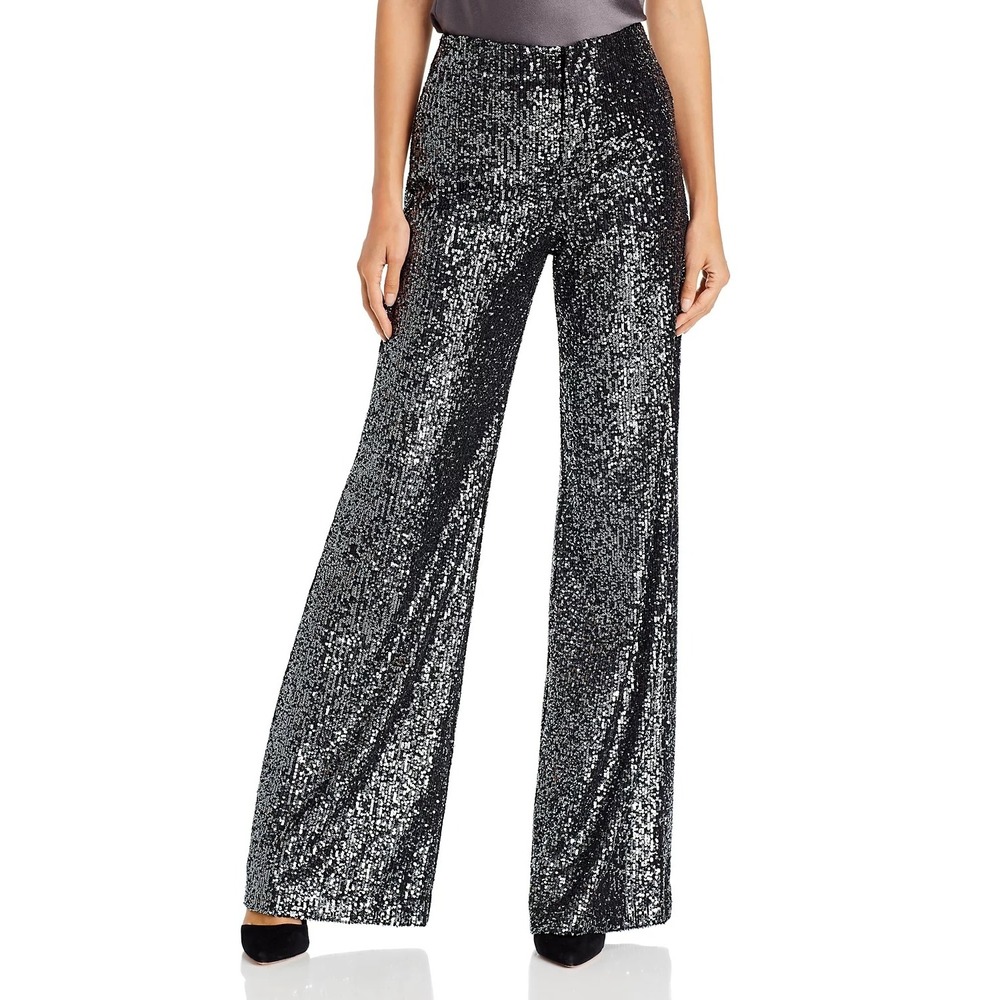 Alice + Olivia Dylan‎ Sequin Pants Gunmetal Grey Size 2 Wide Leg High Rise Chic